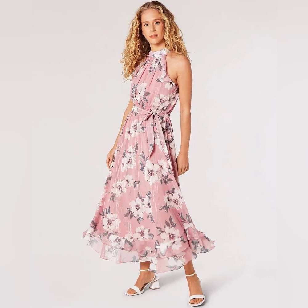 APRICOT Pink Floral Maxi Dress with Halter Neck